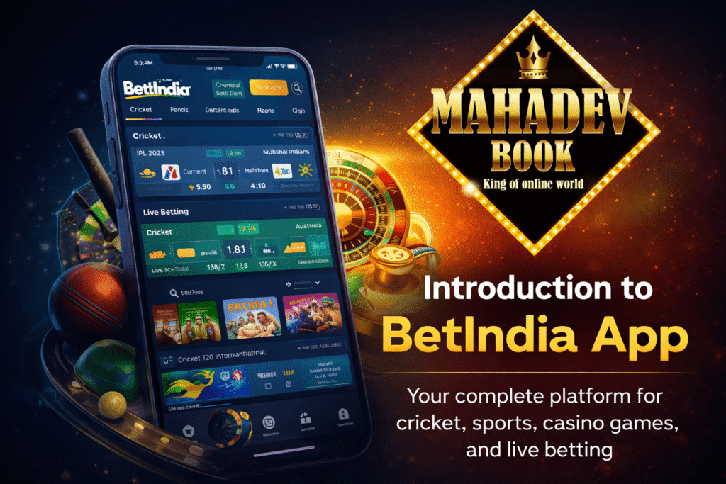 BetIndia App introduction screen showing live cricket betting, odds dashboard, and Mahadev Book logo