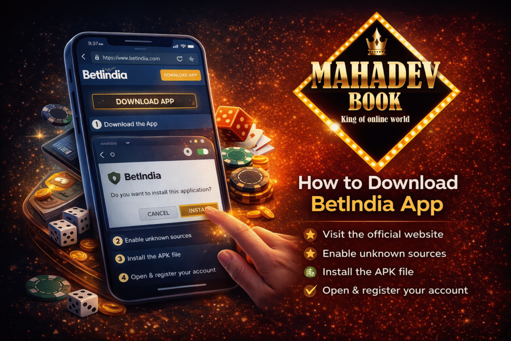 How to download BetIndia App showing step by step APK installation process with Mahadev Book logo