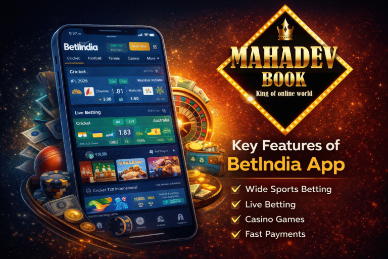 Key features of BetIndia App showing live betting, sports betting dashboard, casino games, fast payments and Mahadev Book logo
