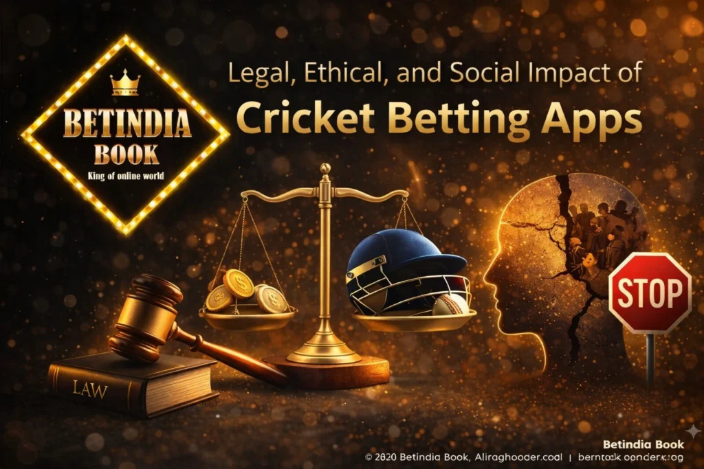 Legal and ethical impact of cricket betting apps with law symbols, balance scale and BetIndia Book logo
