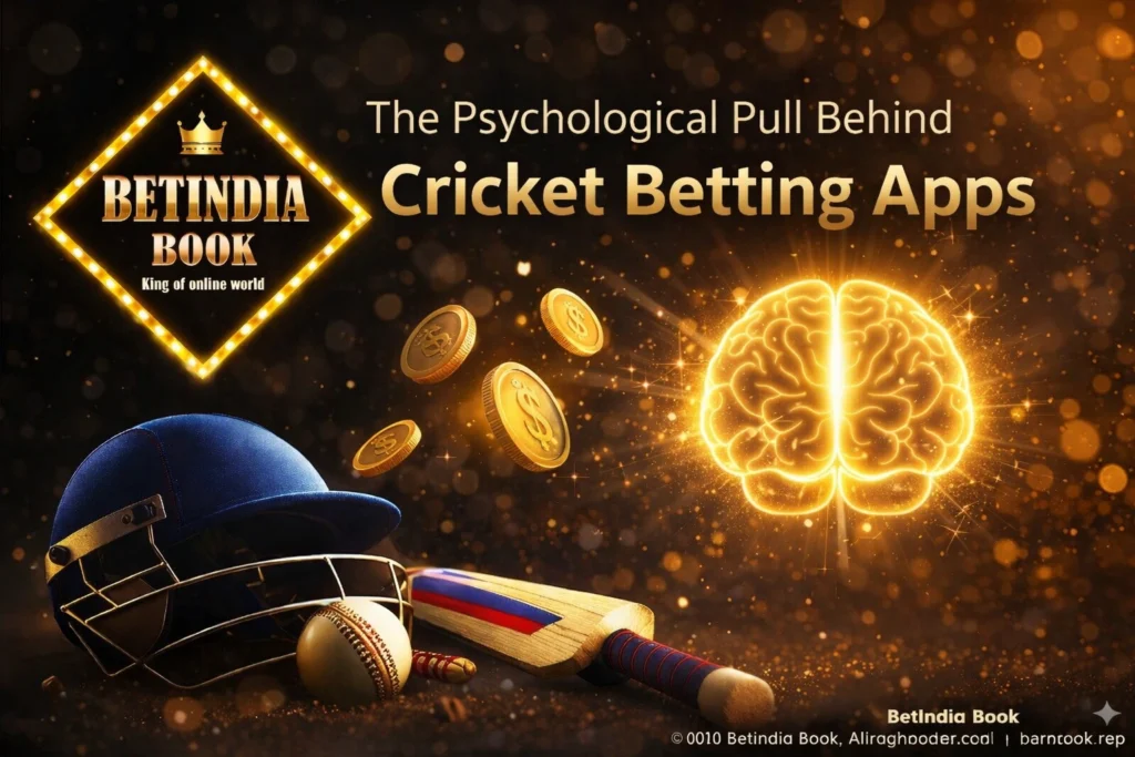 Psychological impact of cricket betting apps showing brain, coins, and BetIndia Book logo