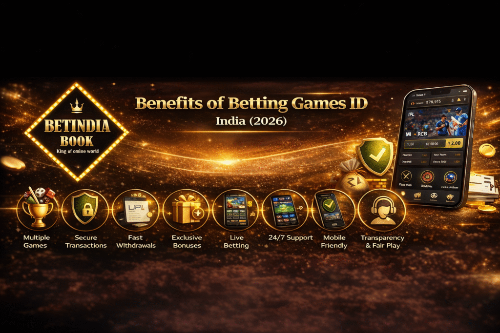 Benefits of Betting Games ID India 2026 with BetIndia Book logo showing secure transactions fast withdrawals live betting and mobile betting app