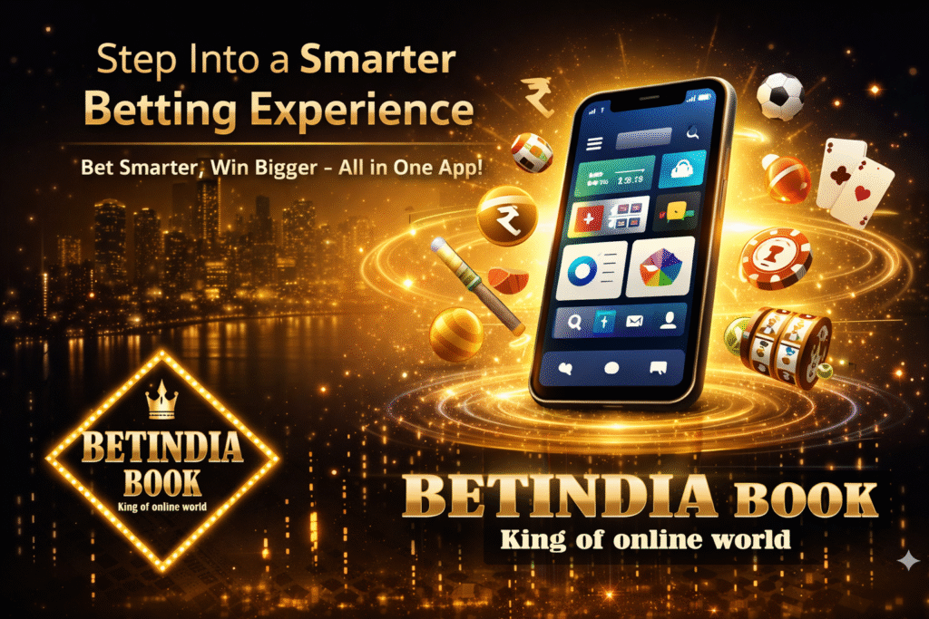 Download App BetIndia Book app interface with sports betting features, casino elements, and smartphone display showing a smarter betting experience