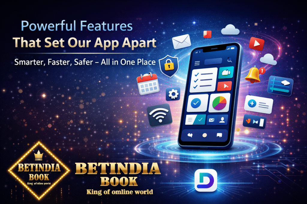 BetIndia Book app features displayed on smartphone with sports betting icons, casino elements, and modern interface in a horizontal layout