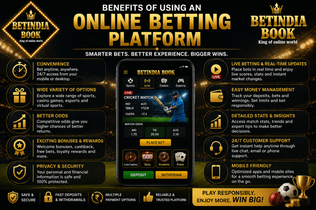 Benefits of online betting platform BetIndia Book showing convenience, live betting, and secure payments