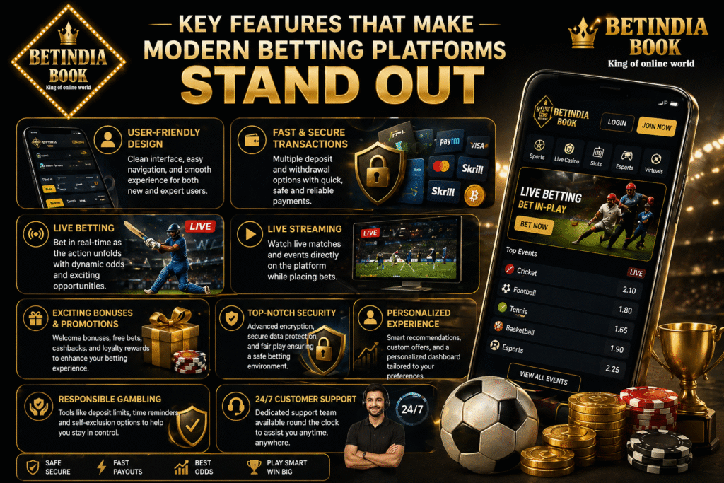BetIndia Book features banner showing live betting, secure payments and mobile betting interface