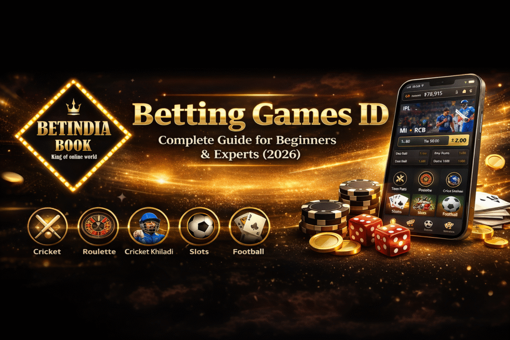 Betting Games ID India 2026 banner with BetIndia Book logo, cricket betting, casino games, and live mobile betting interface