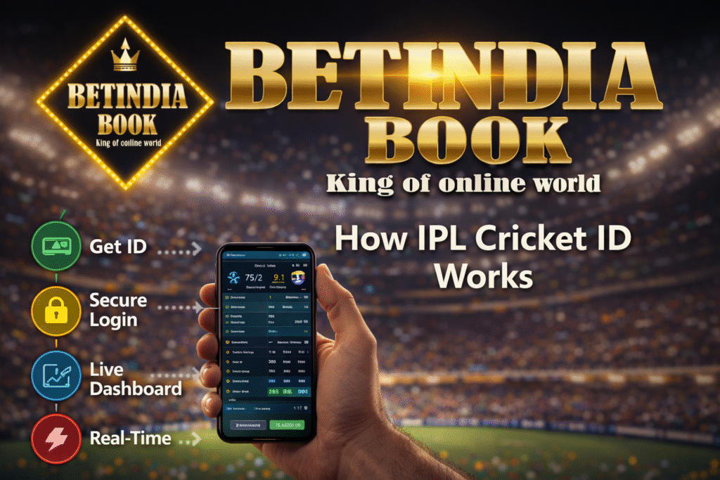 How IPL Cricket ID works step by step with BetIndia Book dashboard showing live score and secure login