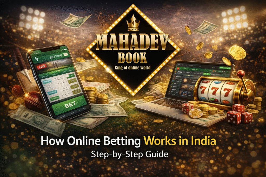 How online betting works in India 2026 step by step guide Mahadev Book with cricket betting and casino illustration