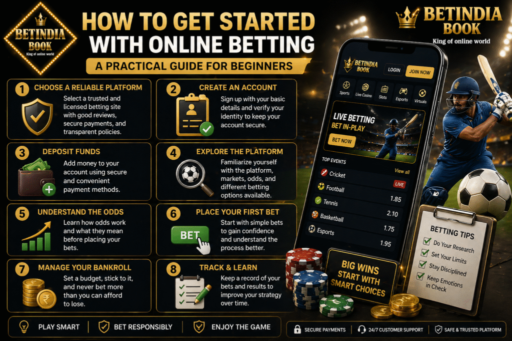 Step by step online betting guide showing account creation, deposit, odds understanding and first bet