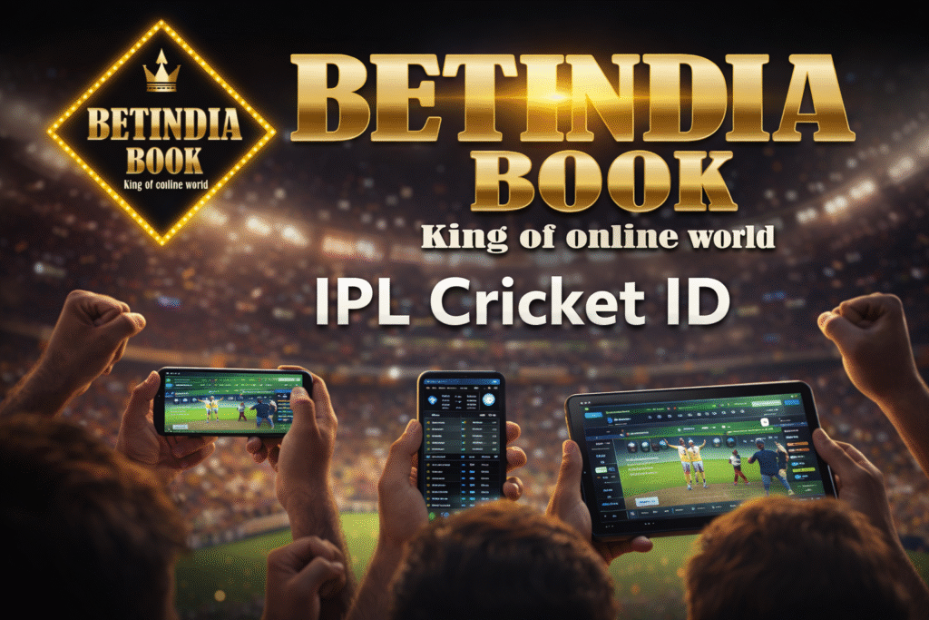 IPL Cricket ID dashboard with BetIndia Book logo showing live match and mobile interface
