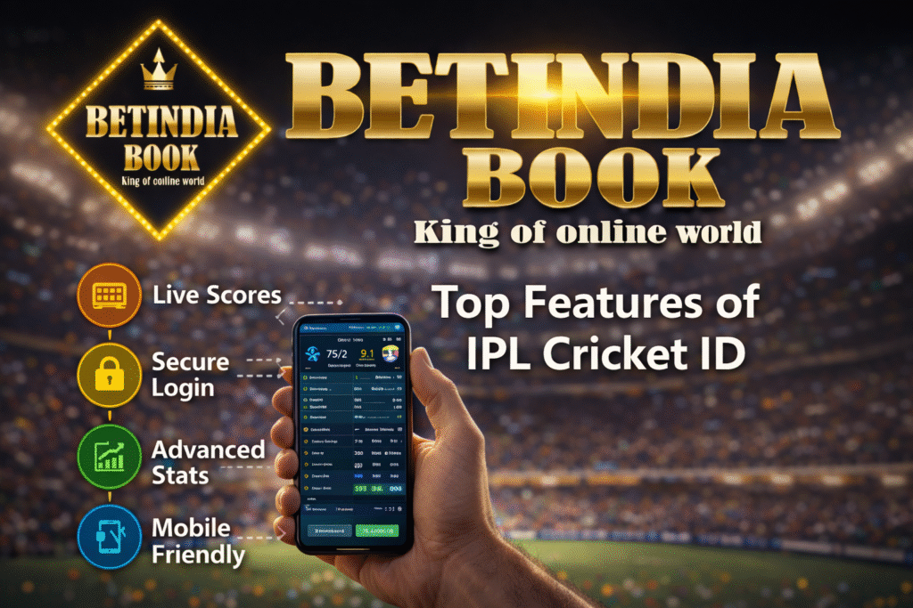 IPL Cricket ID features dashboard showing live score, player stats, and real-time match updates with BetIndia Book