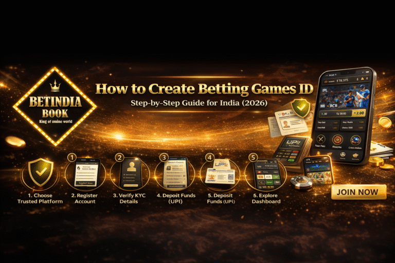 How to create Betting Games ID in India step-by-step 2026 with BetIndia Book logo, KYC verification, UPI deposit and betting app interface