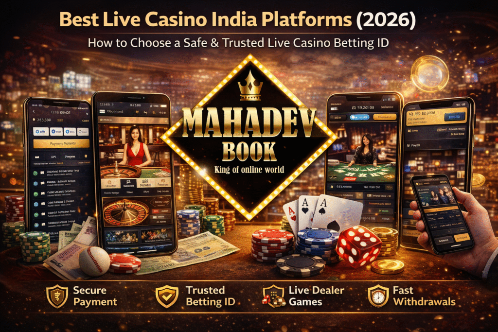Live Casino India platform with Mahadev Book betting ID showing live dealer games roulette blackjack secure payment