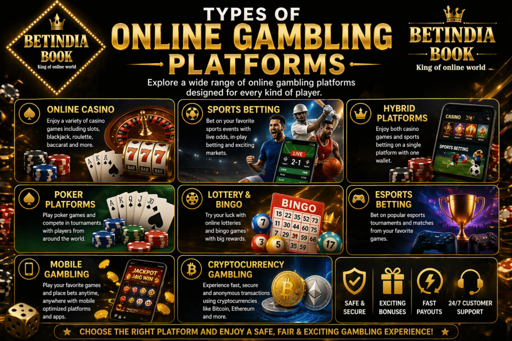 Types of online gambling platforms casino sports betting poker crypto BetIndia Book banner