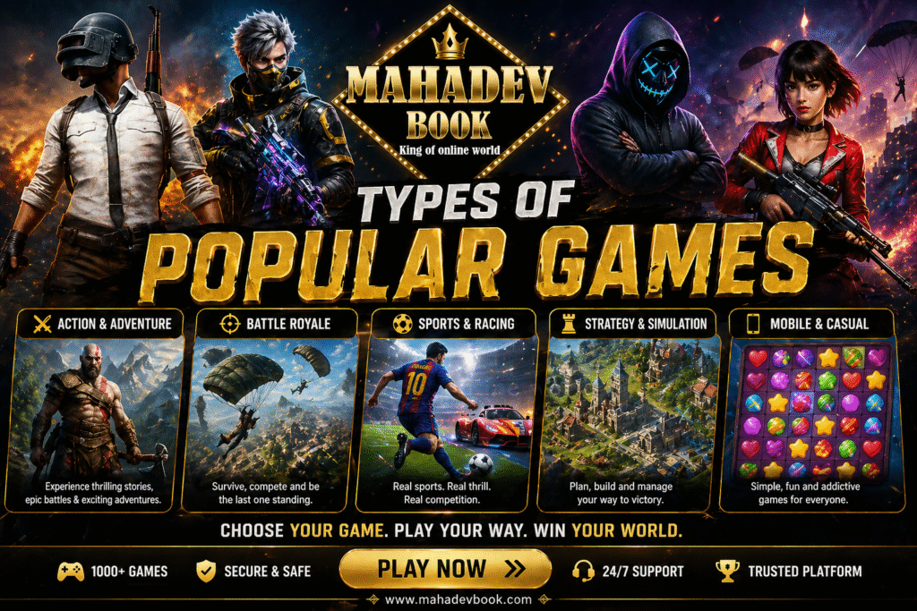 Types of popular games banner with Mahadev Book logo and gaming characters